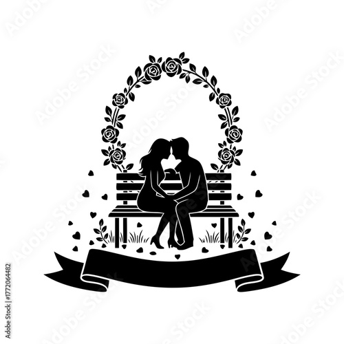 Vector art of romantic couple silhouette on bench under floral arch