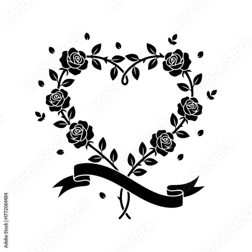 Vector art of heart shaped rose wreath with ribbon design