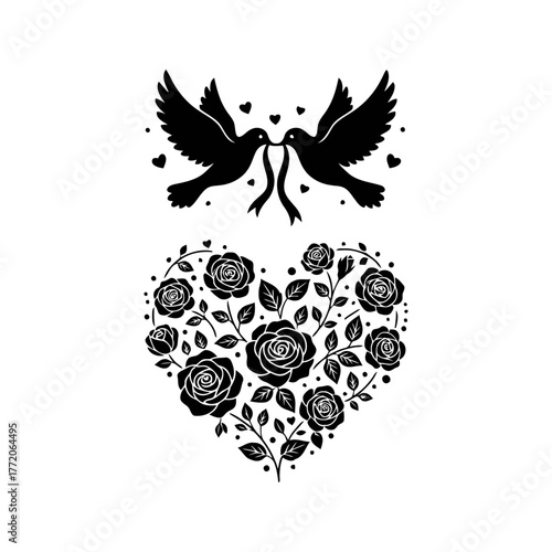 Vector art of two doves with heart and rose wreath design