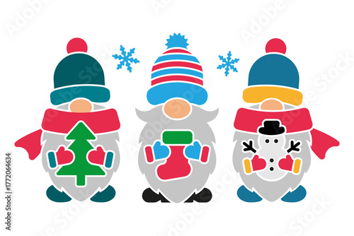 Three winter gnomes in hats and scarves vector illustration. Cute Christmas design for prints, invitations, greeting cards, banners, posters. Template for plotter cutting