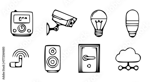 a modern flat vector icon pack representing smart home living — thermostat, security camera, smart bulb, speaker, door lock, and cloud connection.