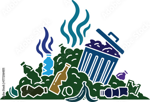 Environmental Pollution Illustration with Trash Overflowing Symbolizing Waste Management Issues
