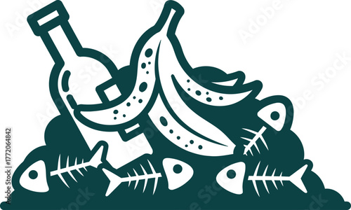 Vector Illustration of Garbage Food Waste with Banana Fishbone and Bottle