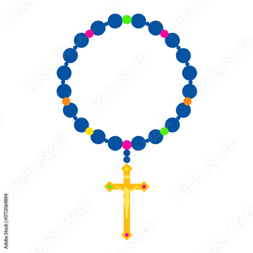 Colorful rosary beads with golden cross on white background  