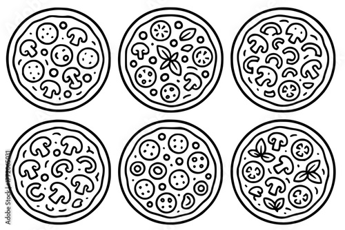 Illustration of 6 Pizzas, outline version