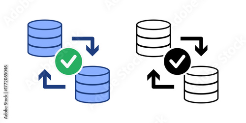Data lineage path icon featuring arrows connecting database symbols in a flow with a verified checkmark. Ideal for data tracking visualization, system validation, and information integrity mapping.