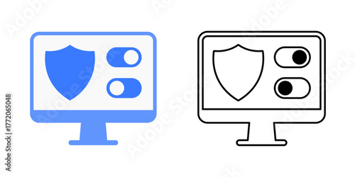 Access control panel icon displaying a screen with toggles and a shield symbol. Ideal for security dashboards, permission management interfaces, and privacy control settings.