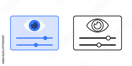 Transparency dashboard view icon showing a glass-like panel with sliders and an eye symbol. Suitable for data visibility analytics, privacy transparency tools, and user control dashboards.