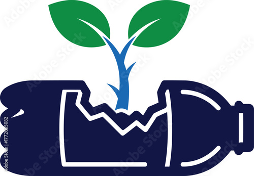 Plant Growing from Broken Plastic Bottle Concept for Environmental Awareness