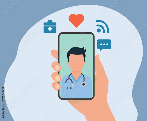 A hand holds a smartphone showing a doctor for an online consultation. This flat vector illustrates telemedicine, virtual healthcare, and mobile health tech
