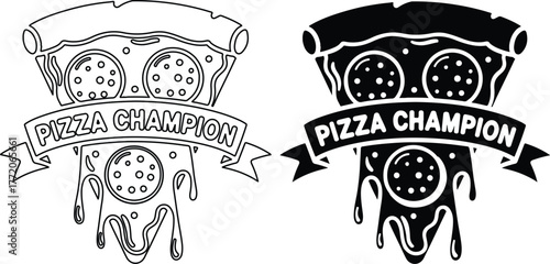 Delicious Pizza Champion Award Badge Illustration in Black and White