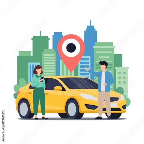 People with Yellow Car and Location Pin in City for Ride Sharing or Navigation Service Illustration