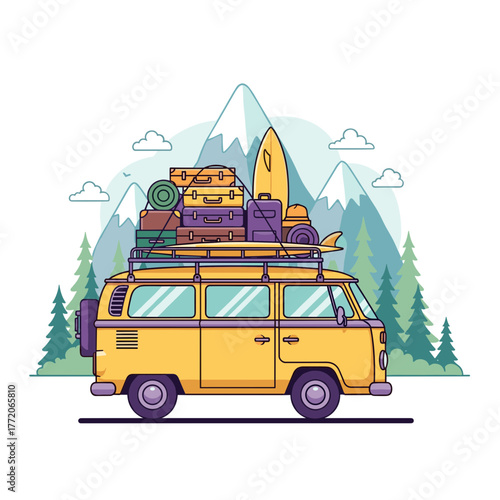 Yellow Camper Van with Luggage and Surfboard on Roof in Mountain Landscape