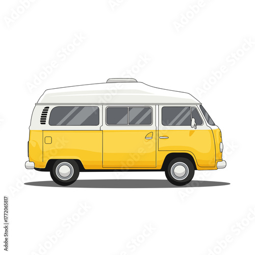 Classic Yellow and White Vintage Camper Van Side View Illustration