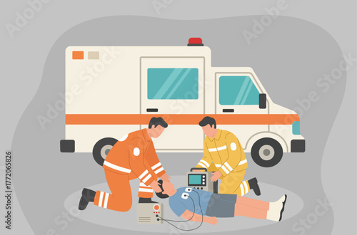 Paramedics perform CPR and use a defibrillator on a patient next to an ambulance, depicting emergency medical services and first aid response in action