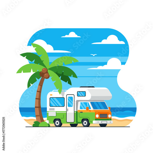 Colorful Motorhome RV Camper Van on Tropical Beach with Palm Tree and Ocean