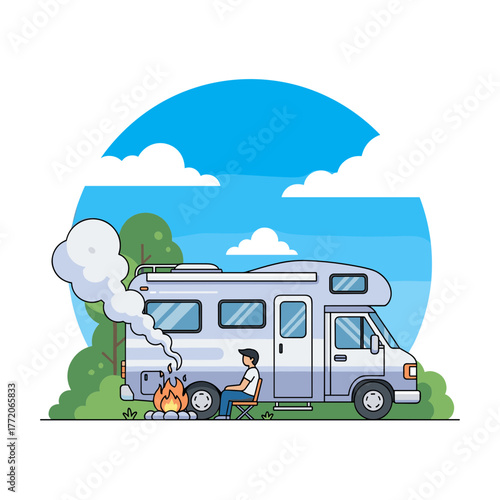 Man Relaxing by Campfire Next to Motorhome RV Camper Van in Nature