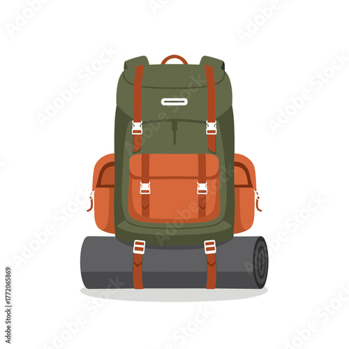 Green and Orange Hiking Backpack with Rolled Sleeping Mat Vector