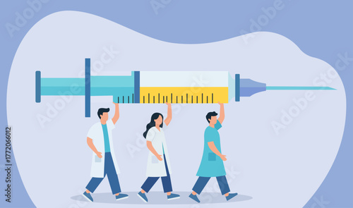 A team of doctors and nurses carries a giant syringe, symbolizing a united effort in healthcare, vaccination campaigns, and medical breakthroughs