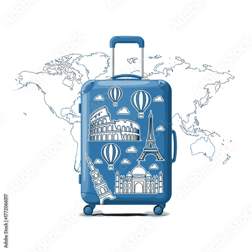 Blue travel suitcase decorated with famous world landmarks and a global map outline
