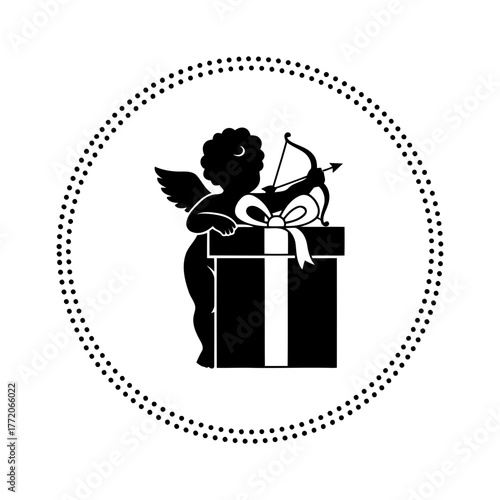 Vector art of silhouette of cupid with bow and arrow on gift box