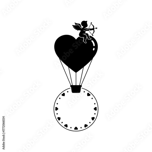 Vector art of cupid on heart hot air balloon