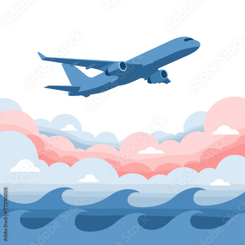 Blue passenger airplane flying above a wavy ocean with colorful pink and blue clouds