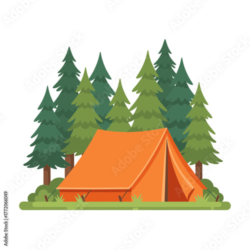 Vibrant orange camping tent situated in a dense evergreen pine forest landscape