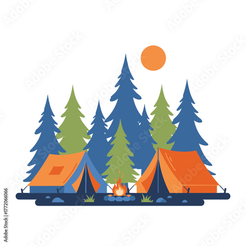 Forest camping scene with two tents and a burning campfire, outdoor leisure illustration.