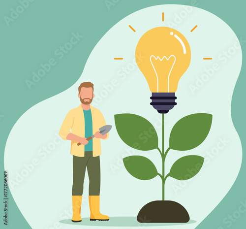 A gardener cultivates a growing plant that has a bright, shining lightbulb as its flower, symbolizing the growth of a new idea or innovation