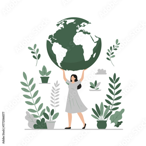 Woman holding a green earth globe surrounded by plants, concept of environmental protection and sustainability.
