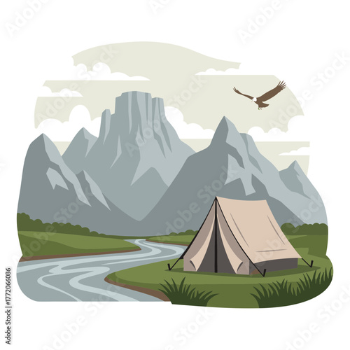 Wilderness camping with a tent by a river in a mountainous landscape and an eagle flying.
