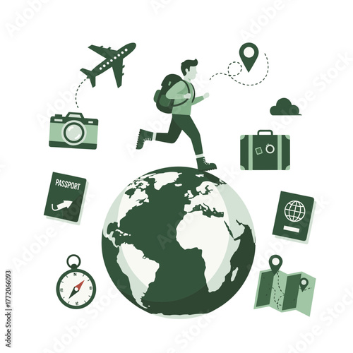 Man on a globe with various travel icons, representing worldwide exploration and journey planning.