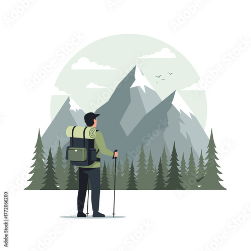 Backpacker with trekking poles admiring a stunning mountain panorama and surrounding pine trees.