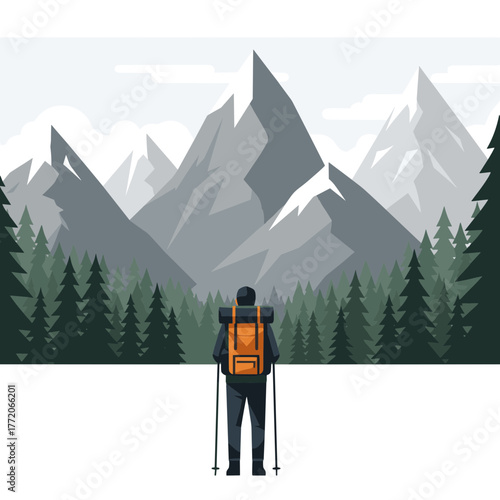 Solo hiker with trekking poles gazing at a majestic mountain range and pine forest, awe-inspiring view.