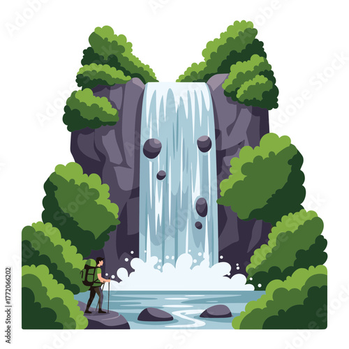 Hiker standing before a beautiful waterfall surrounded by lush green trees and rocks, natural wonder.