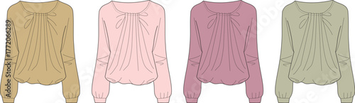 A collection of women's long sleeve blouses shown in a fashion flat technical sketch. Set includes four colorways of a peasant top with a tie-neck and gathered details