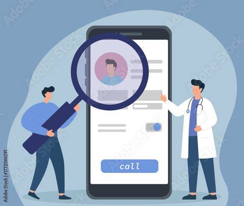 A person uses a mobile app to find and call a doctor for a telehealth consultation. A doctor stands by, ready to assist