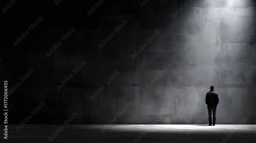 Fototapeta premium Solitary figure stands illuminated by harsh overhead light against a vast, dark textured wall