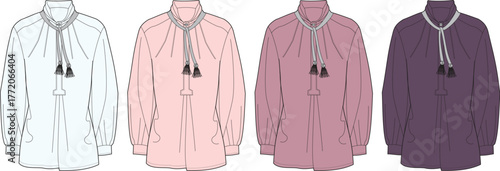Women's tunic shirt with a mandarin collar and a tassel neck tie, presented as a fashion CAD drawing set in multiple color options