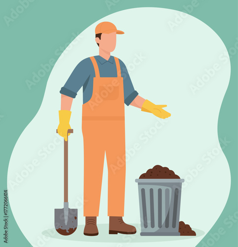 A flat vector illustration of a male worker in overalls and a cap, holding a shovel next to a trash can full of soil, suggesting cleaning or gardening