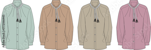 Set of women's long sleeve bohemian chic blouses with tassel neck ties. Fashion flat sketch technical drawing template in four color variations