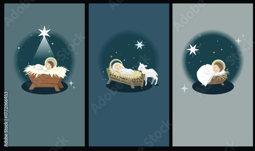 Minimalist Baby Jesus in Manger Nativity Set — Modern Christmas Illustration. A peaceful nativity set featuring baby Jesus in the manger under the star of Bethlehem. Modern Christmas design