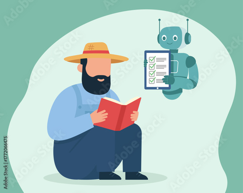 A farmer reads a book while a robot assistant holds a digital checklist, blending traditional farming knowledge with modern agricultural technology
