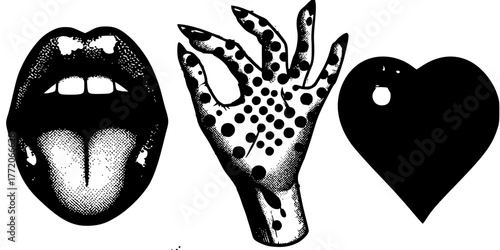 Fragments of Feeling: A Graphic Triptych, A surreal black-and-white composition featuring a textured mouth, dotted hand, and pierced heart—blending realism with abstraction