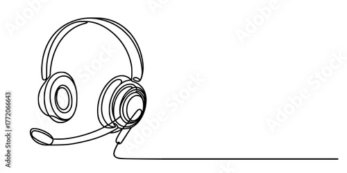 One Line Connection: The Voice of Clarity, A minimalist continuous line drawing of a headset with microphone, symbolizing communication and clarity