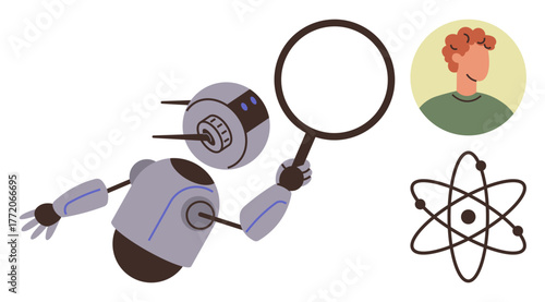 Robot using magnifying glass studies human profile and atomic structure. Ideal for innovation, research, artificial intelligence, science education, technology, human-AI collaboration, discovery