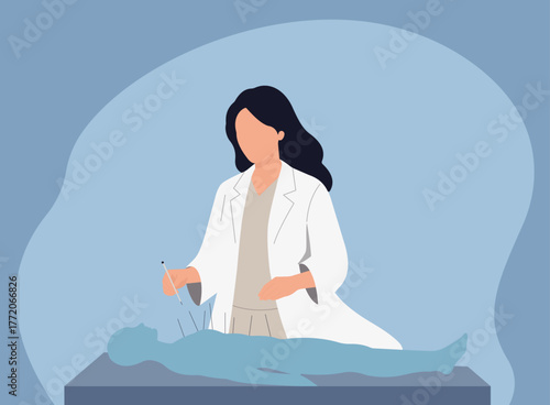 Flat vector illustration of a female acupuncturist inserting needles into a patient's body during a traditional therapy session
