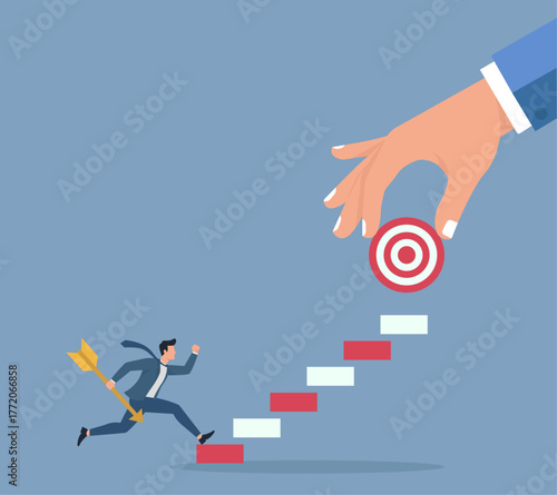 Businessman ascends stairs toward a dangling target held by a giant hand, symbolizing guided goal achievement and success