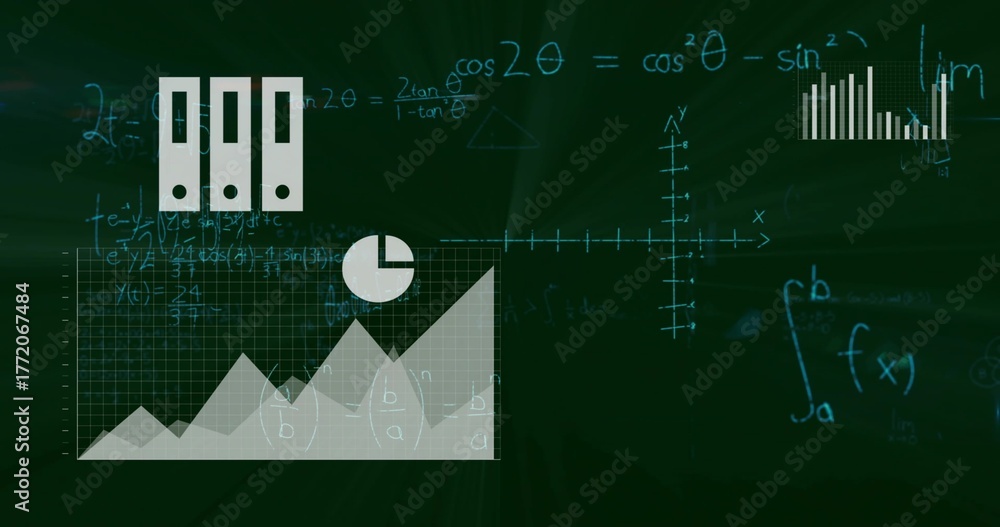 Fototapeta premium Displaying area chart with peaks on digital chalkboard, with binder icons and pie?chart segment